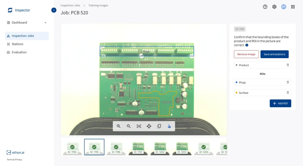 EthonAI Inspector software open on the page that lets you annotate images with regions of interest 