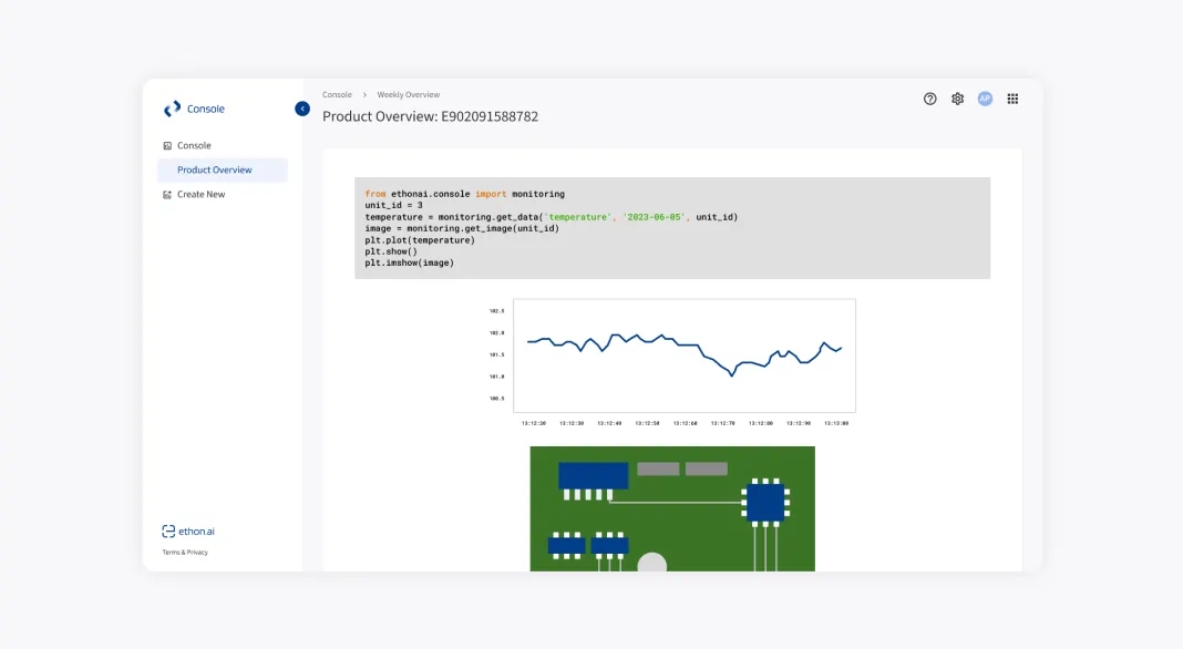 EthonAI Console showing custom script with resulting charts