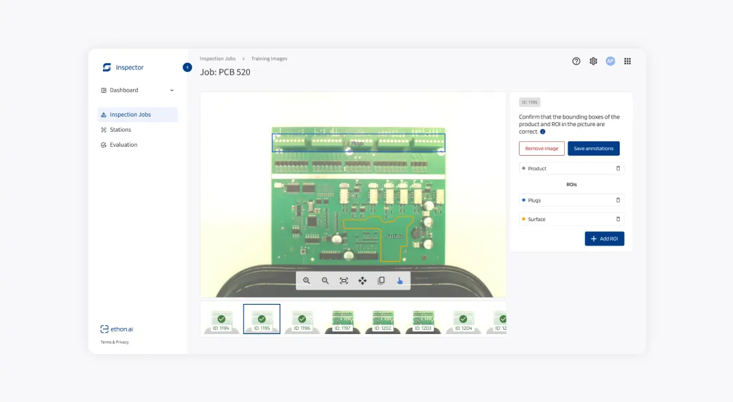 EthonAI Inspector showing an annotated PCB image