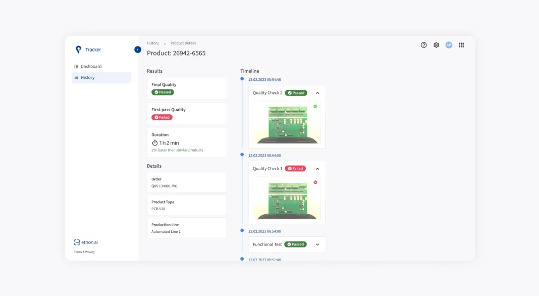 EthonAI Tracker showing a production timeline including inspection images